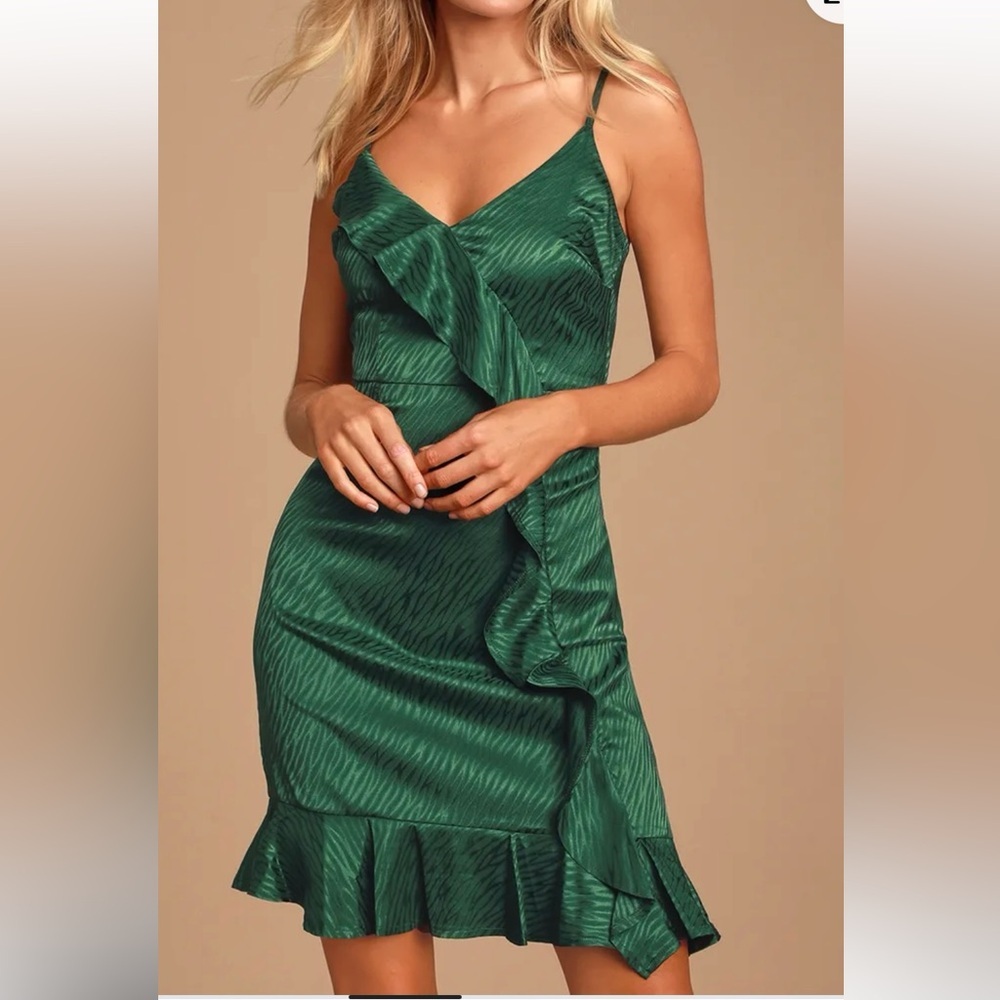 Lulus Hewitt Forest Green Embossed Zebra Print Satin Ruffled Mini Dress Size Med